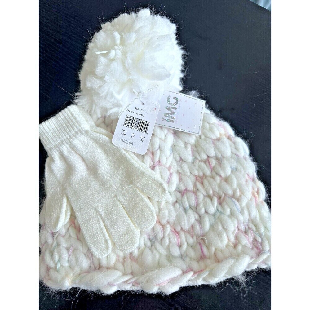 IMG Girls Beanie Knit Beanie and Gloves 2 Piece Set White & Pink  One Size